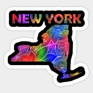 Colorful mandala art map of New York with text in multicolor pattern Sticker